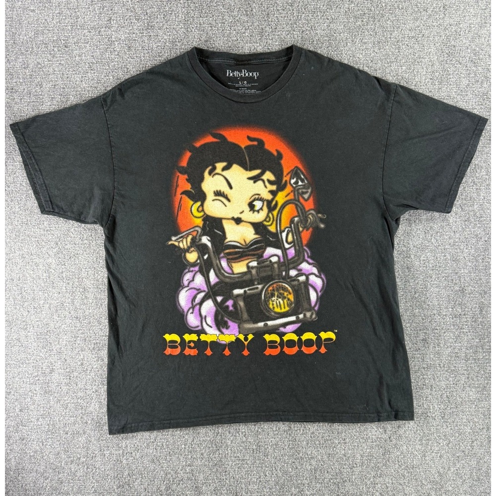 Betty Boop Biker Motorcycle Graphic T-Shirt Black Large Cotton Tee